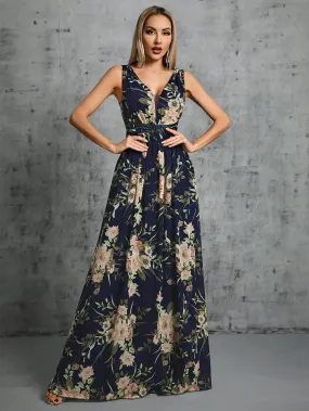 Navy Floral Print Chiffon Sequin Waist Party Dress 